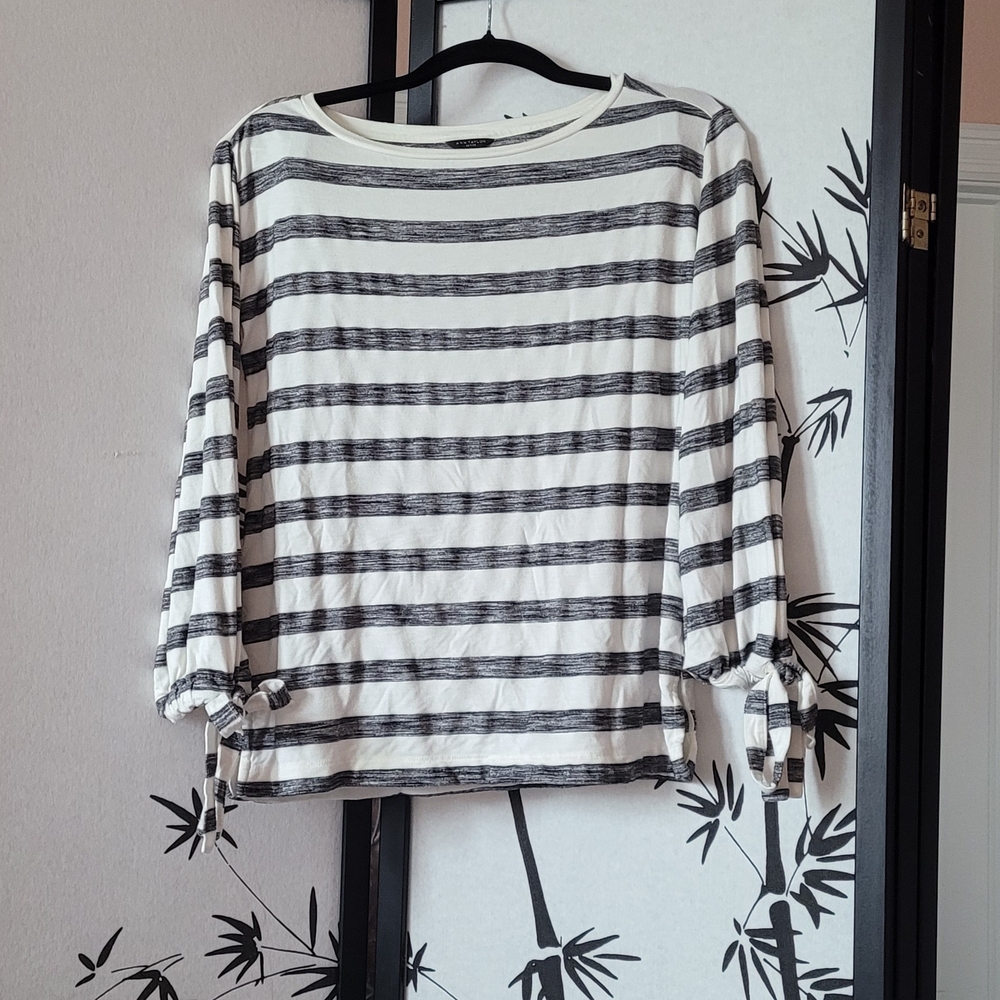 Ann Taylor Black and White Striped Long Sleeve Top Tie Sleeves